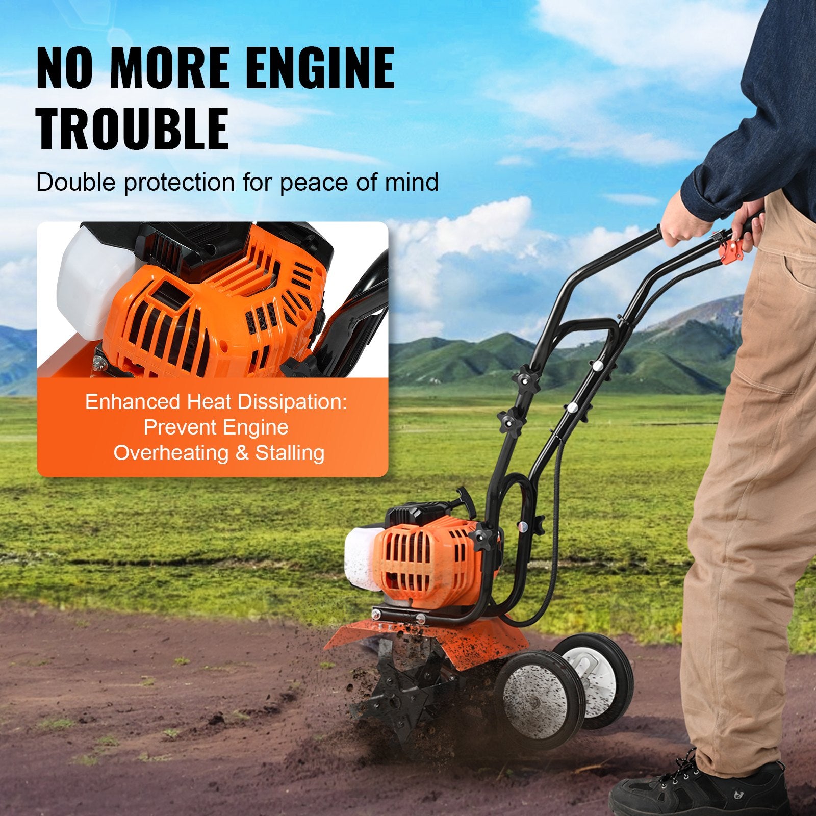 Tiller Cultivator Gas Powered 43CC 2-Stroke with 4 Adjustable Steel Front Tines