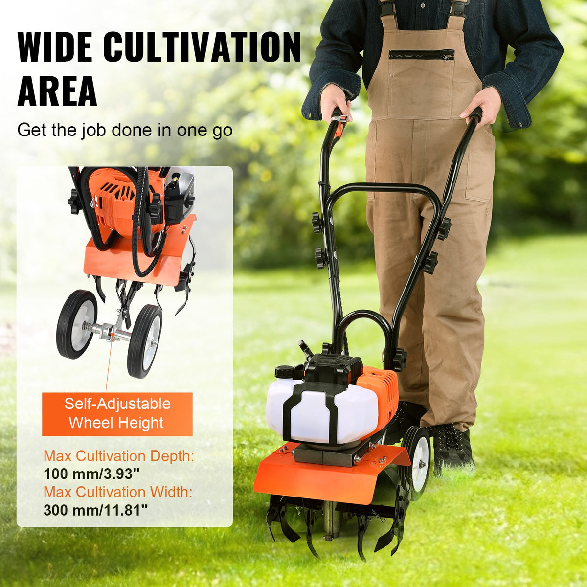 Tiller Cultivator Gas Powered 43CC 2-Stroke with 4 Adjustable Steel Front Tines