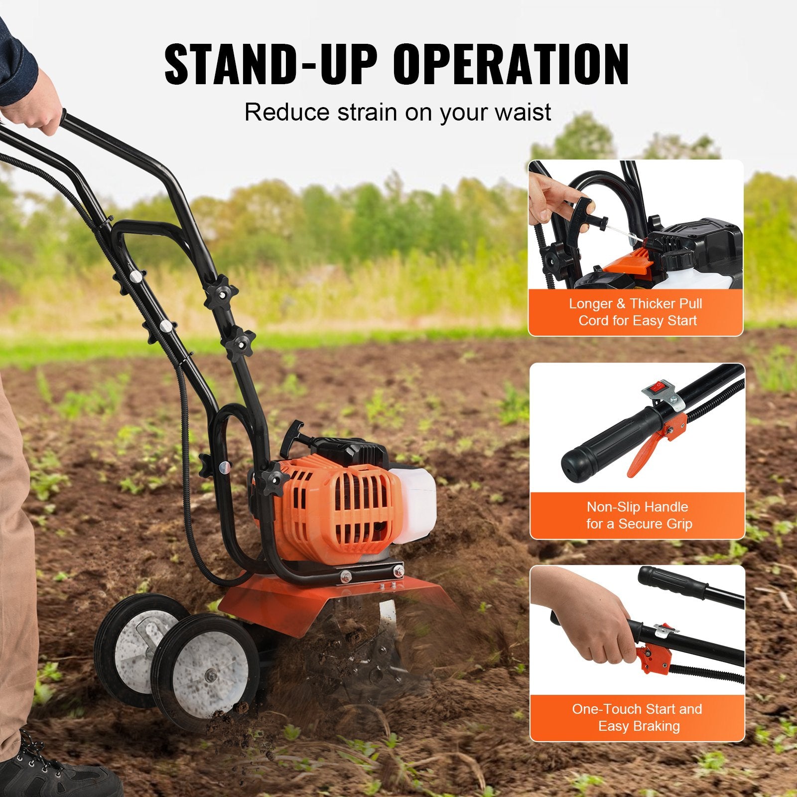 Tiller Cultivator Gas Powered 43CC 2-Stroke with 4 Adjustable Steel Front Tines