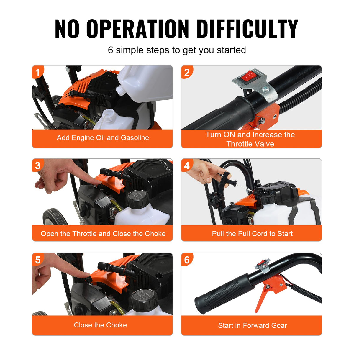 Tiller Cultivator Gas Powered 43CC 2-Stroke with 4 Adjustable Steel Front Tines