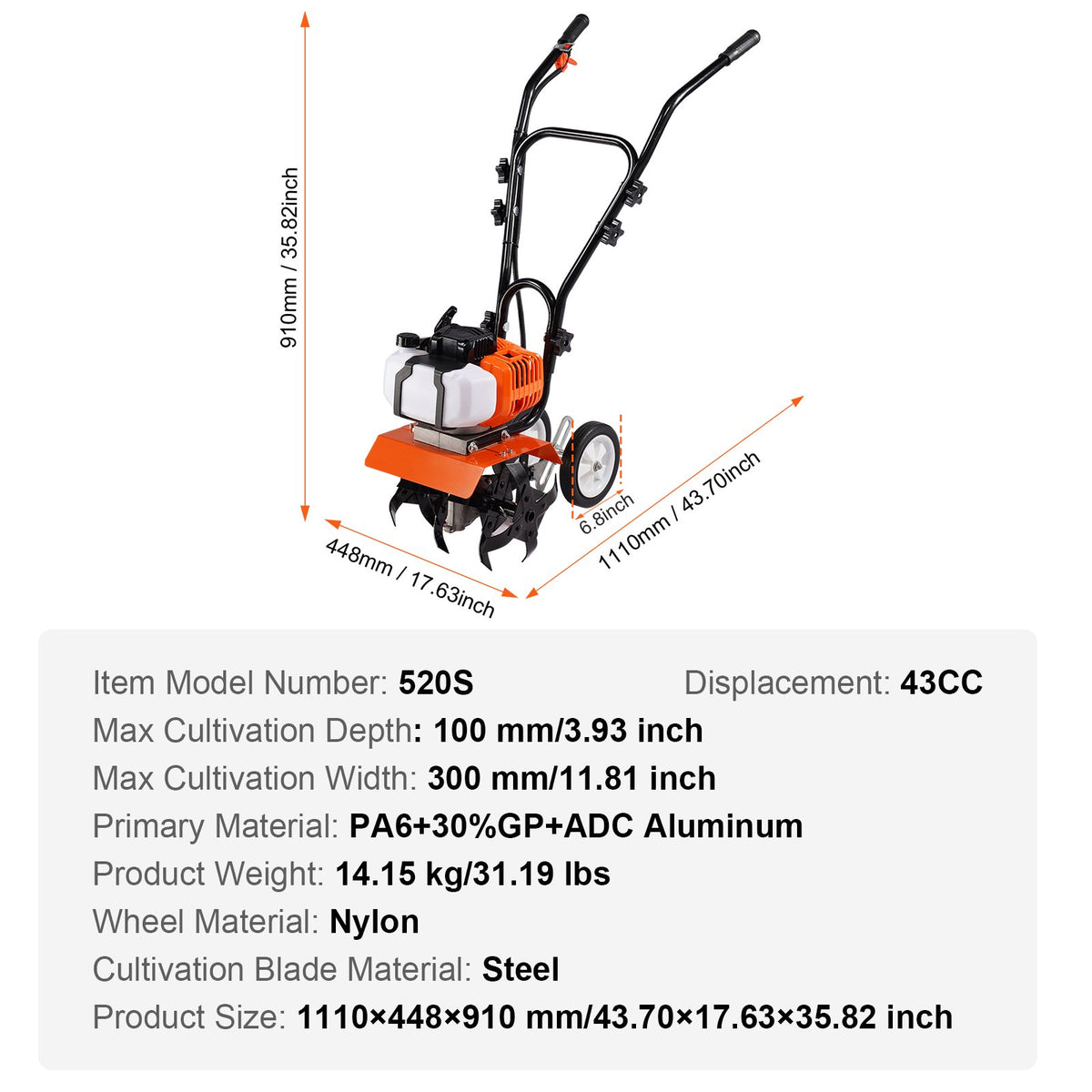 Tiller Cultivator Gas Powered 43CC 2-Stroke with 4 Adjustable Steel Front Tines