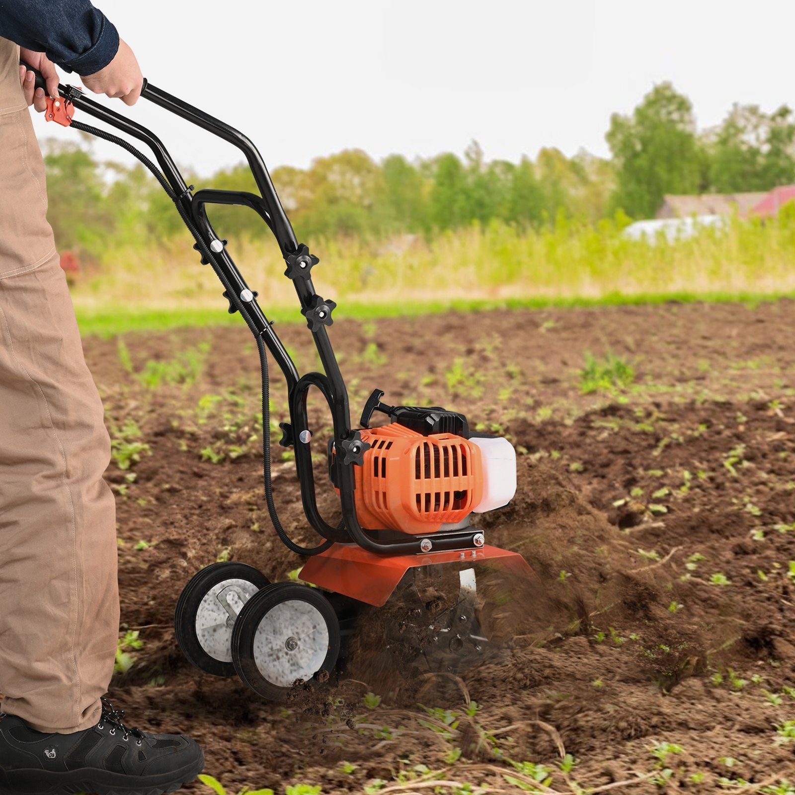 Tiller Cultivator Gas Powered 43CC 2-Stroke with 4 Adjustable Steel Front Tines