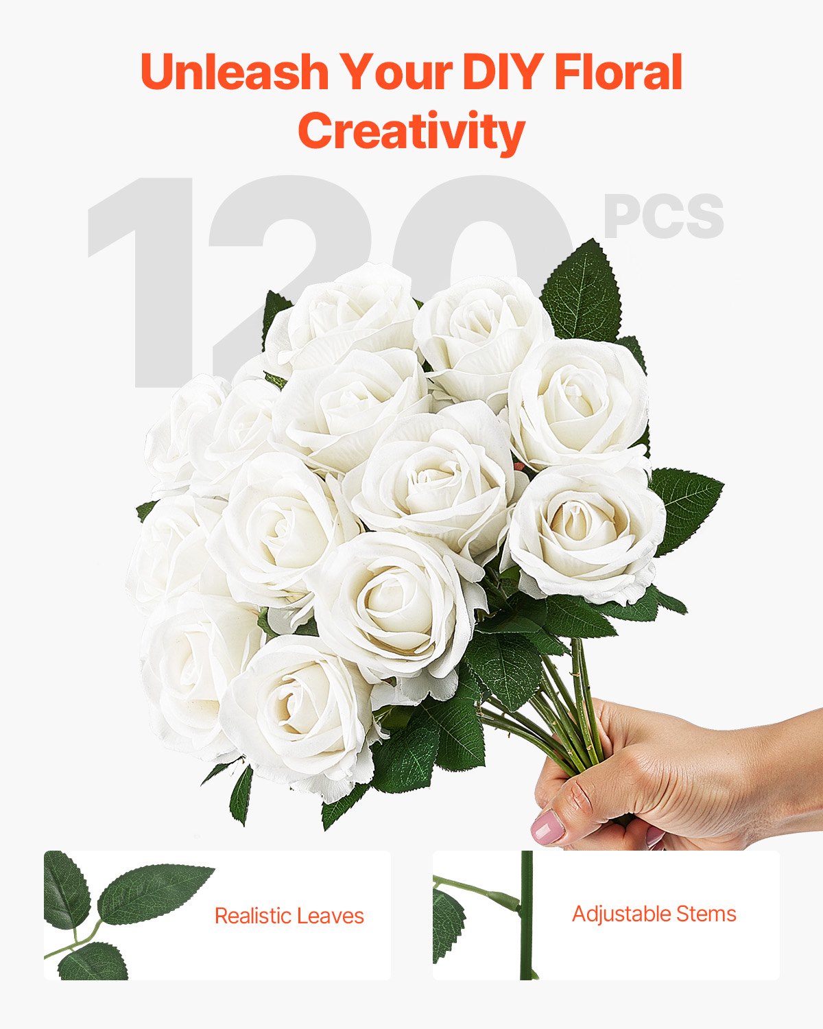 Artificial Flowers, 120pcs White Foam Roses Stems for DIY Wedding & Home Decor