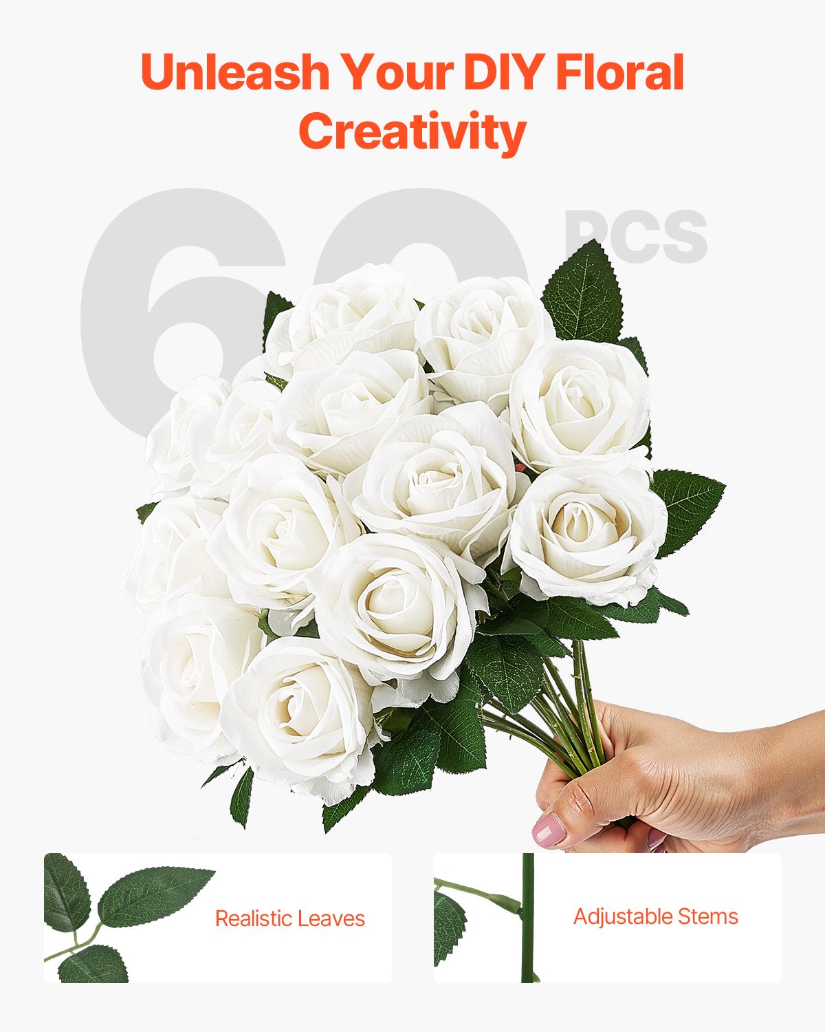 Artificial Flowers, 60pcs White Foam Roses Stems for DIY Wedding & Home Decor