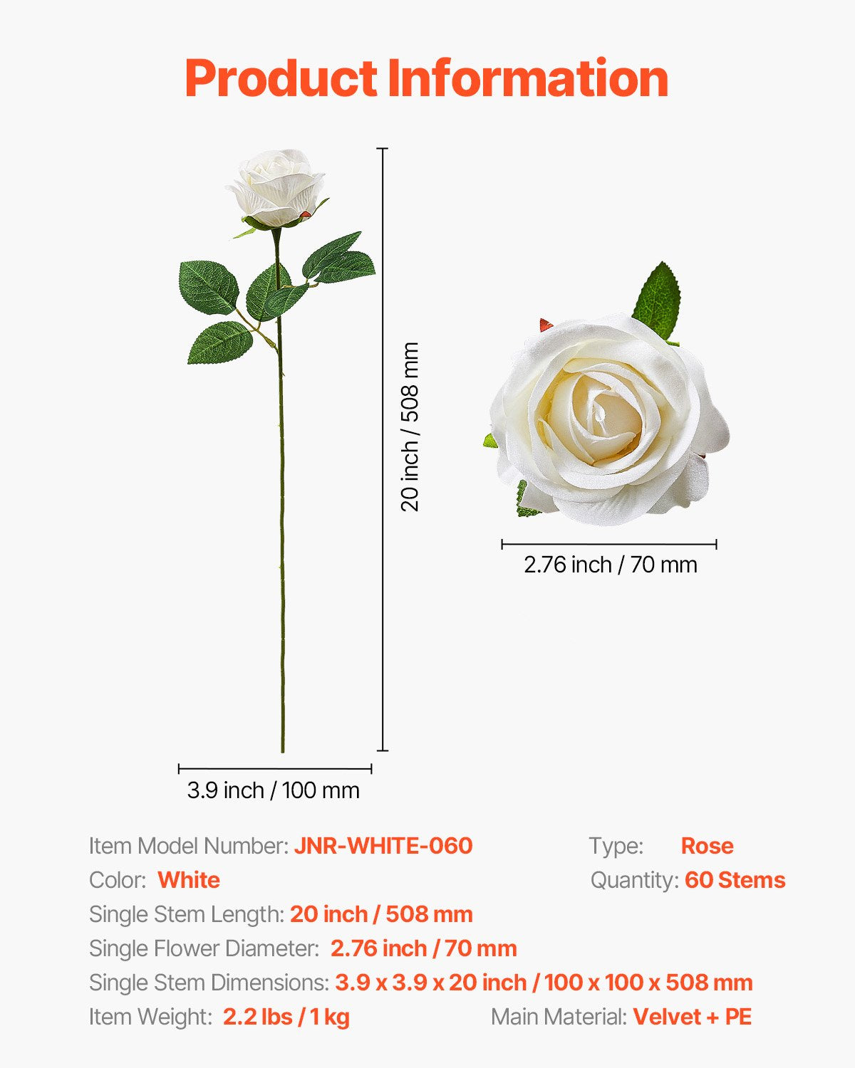 Artificial Flowers, 60pcs White Foam Roses Stems for DIY Wedding & Home Decor