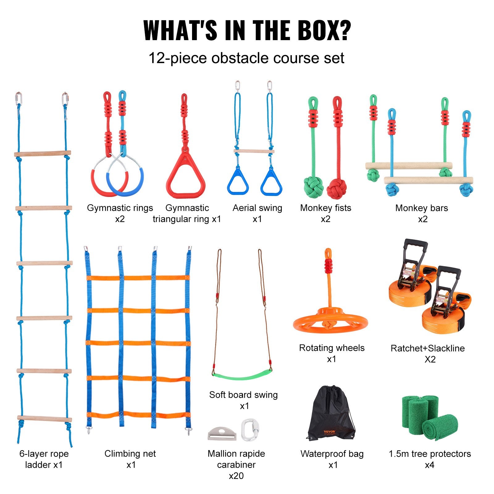 Ninja Warrior Obstacle Course for Kids 2x15.24m Slacklines 228kg 12 Obstacles