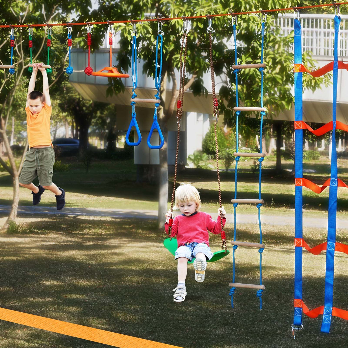 Ninja Warrior Obstacle Course for Kids 2x15.24m Slacklines 228kg 12 Obstacles