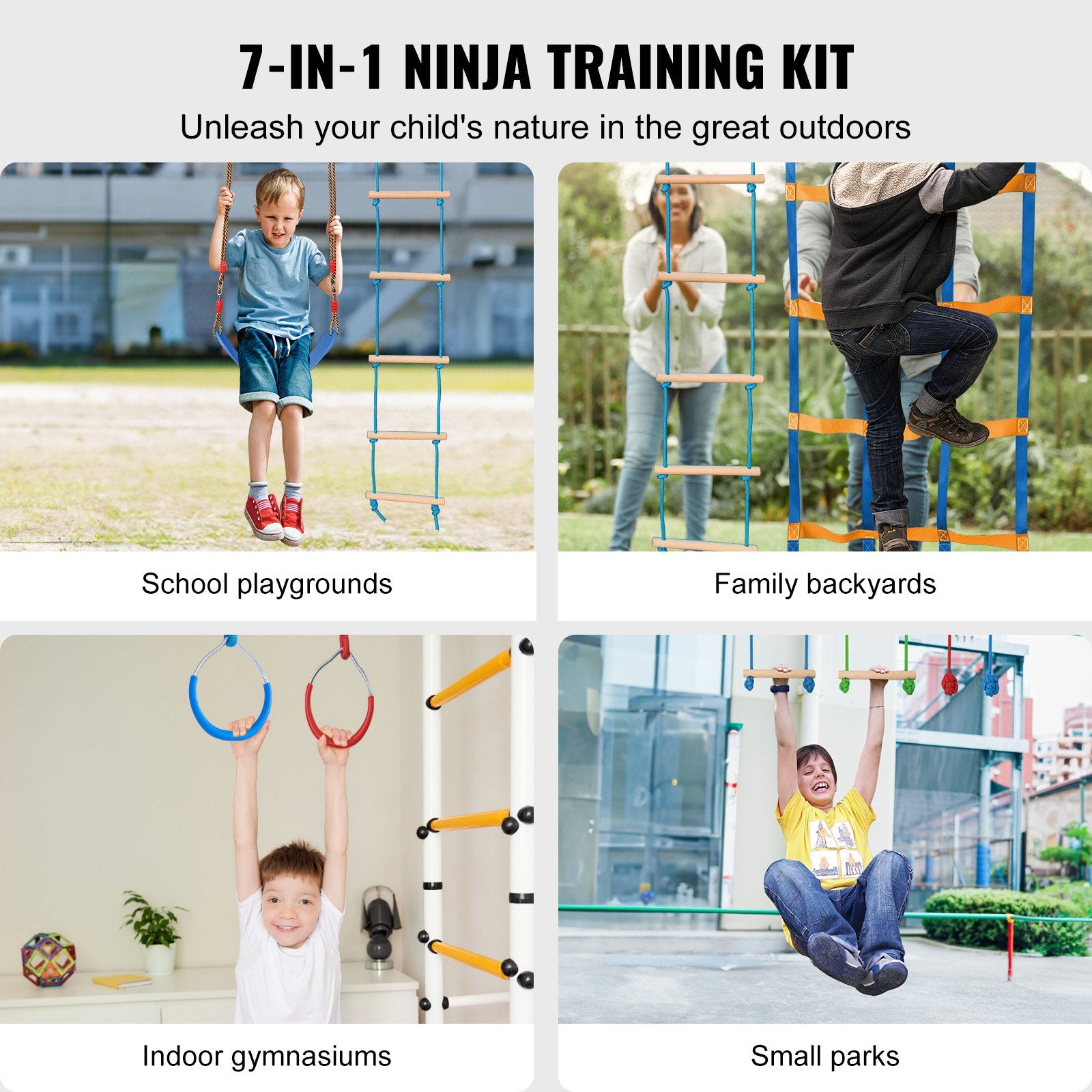 Ninja Warrior Obstacle Course for Kids, 2x17m Slacklines with 12 Obstacles