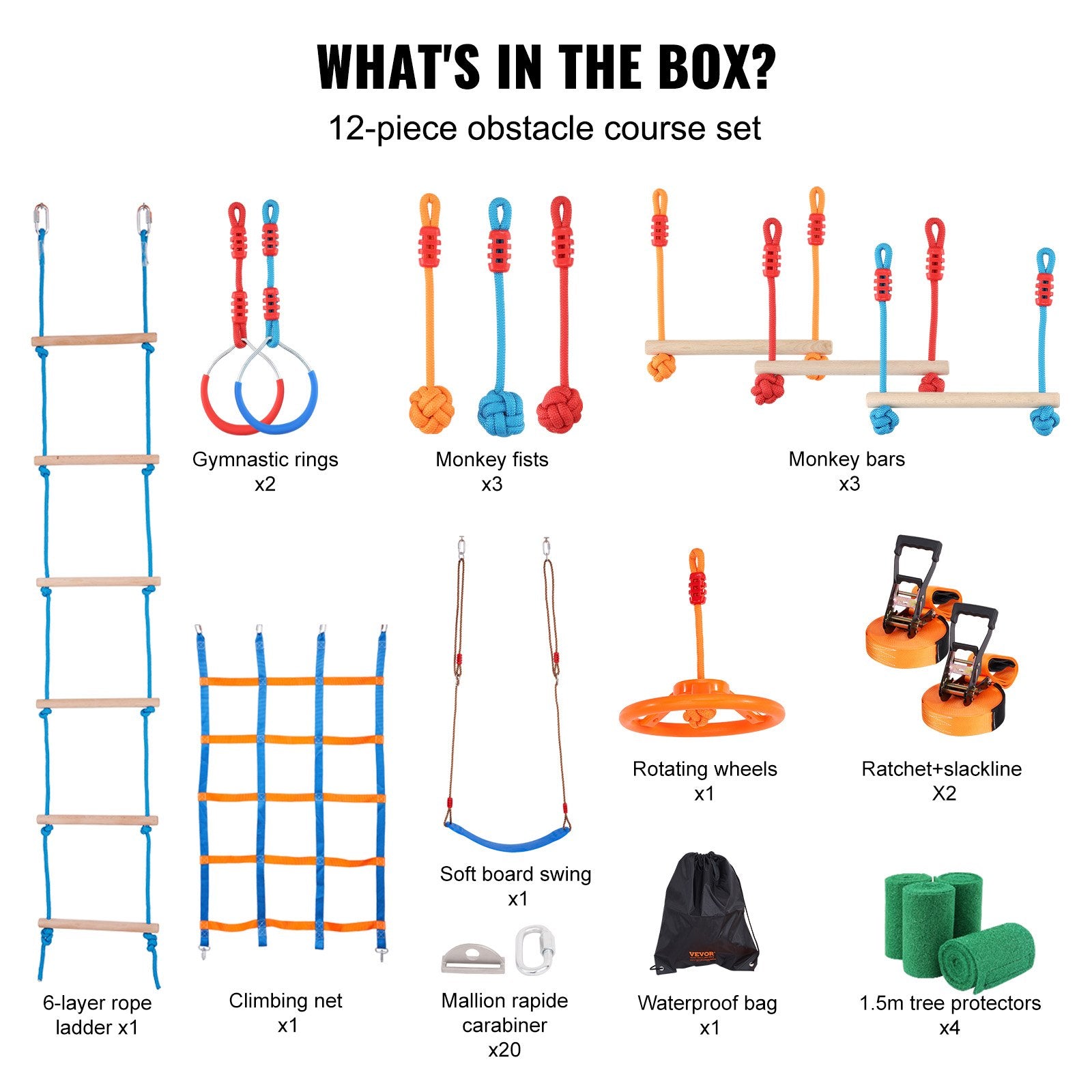 Ninja Warrior Obstacle Course for Kids, 2x17m Slacklines with 12 Obstacles