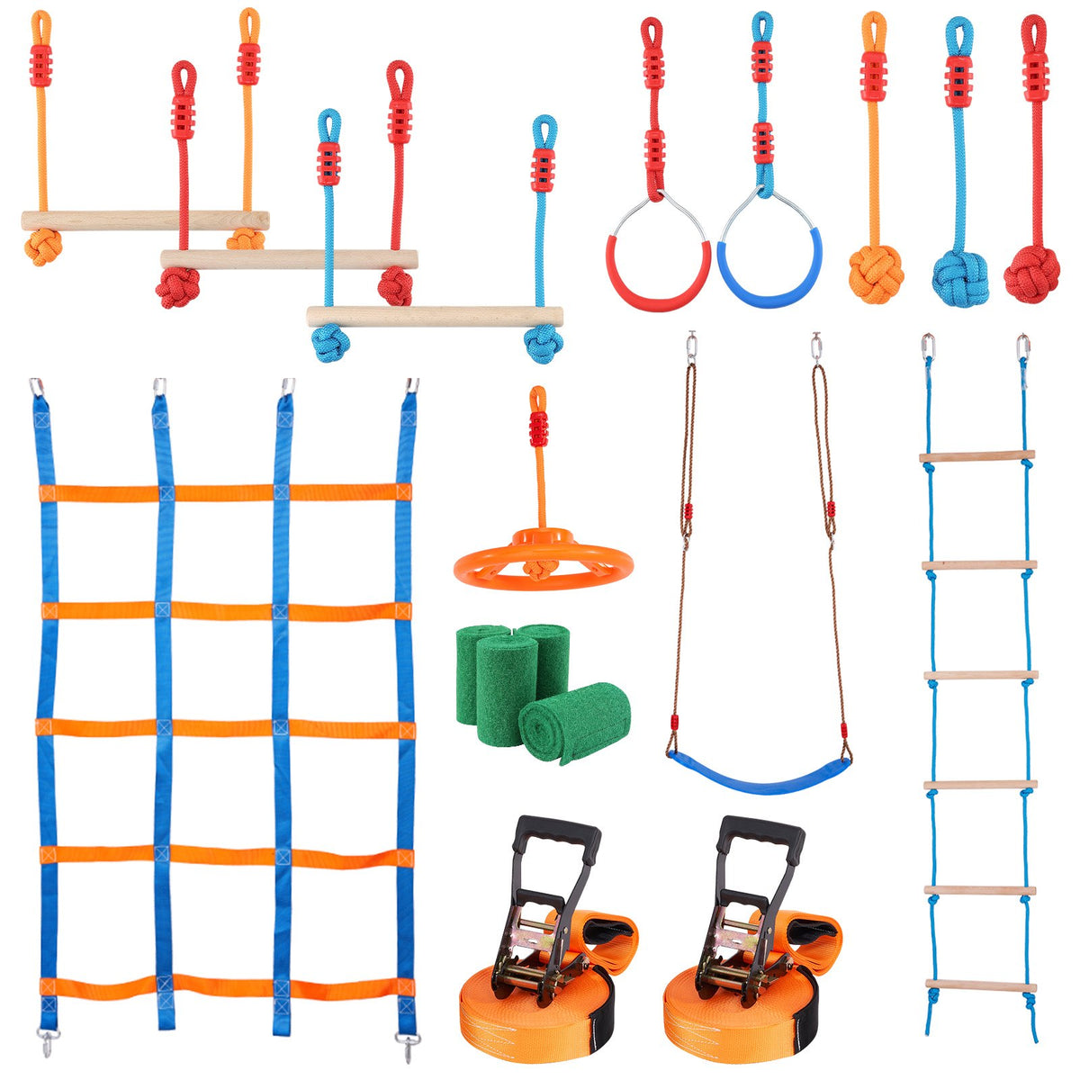 Ninja Warrior Obstacle Course for Kids, 2x17m Slacklines with 12 Obstacles