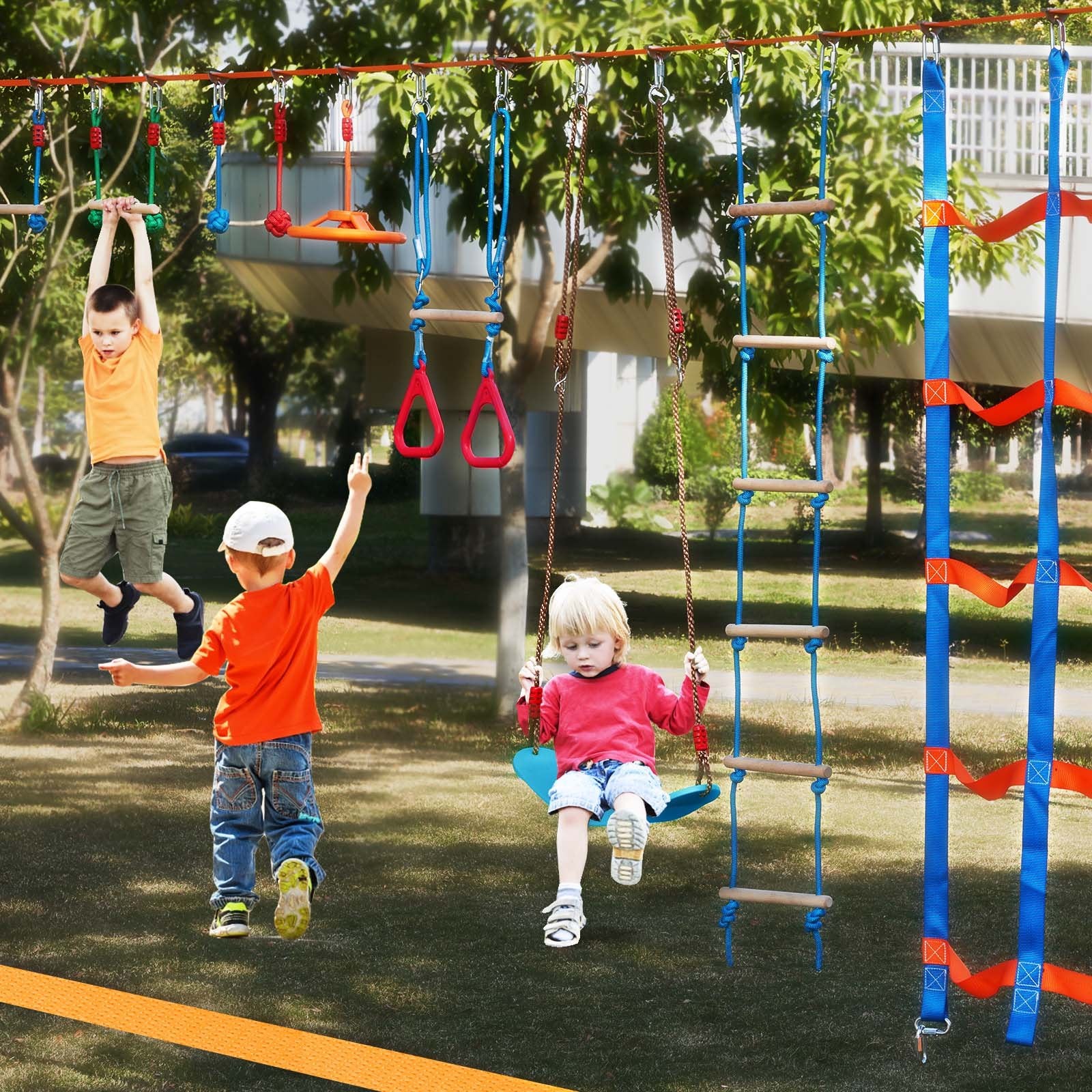Ninja Warrior Obstacle Course for Kids 2x18.3m Slacklines 500lbs 14 Obstacles