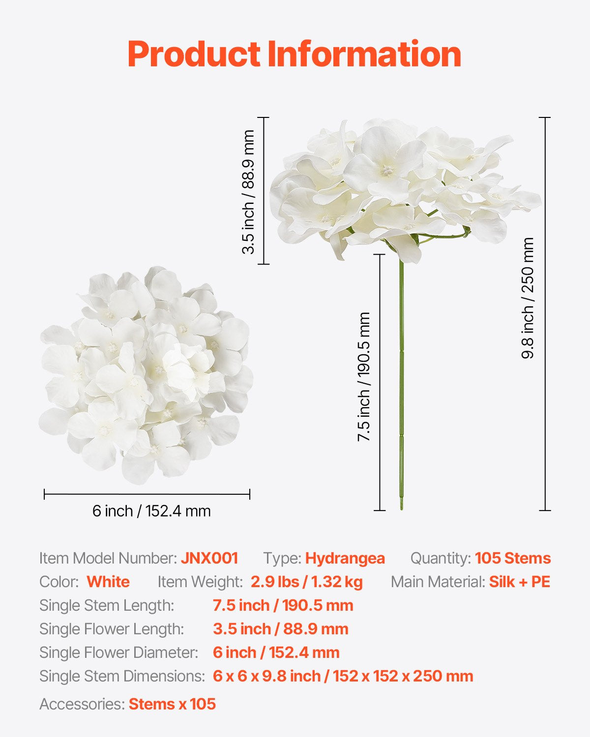 105Pcs White Silk Artificial Hydrangea Flowers for Wedding and Decor