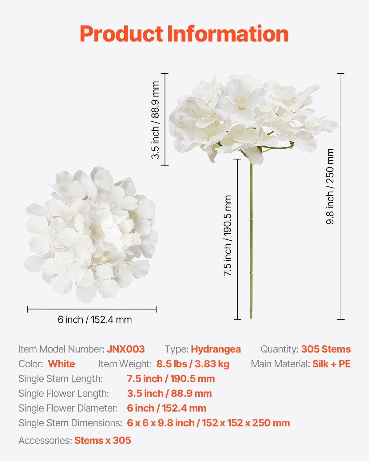 Artificial Flowers 305pcs White Silk Hydrangea Stems DIY Wedding Home Décor