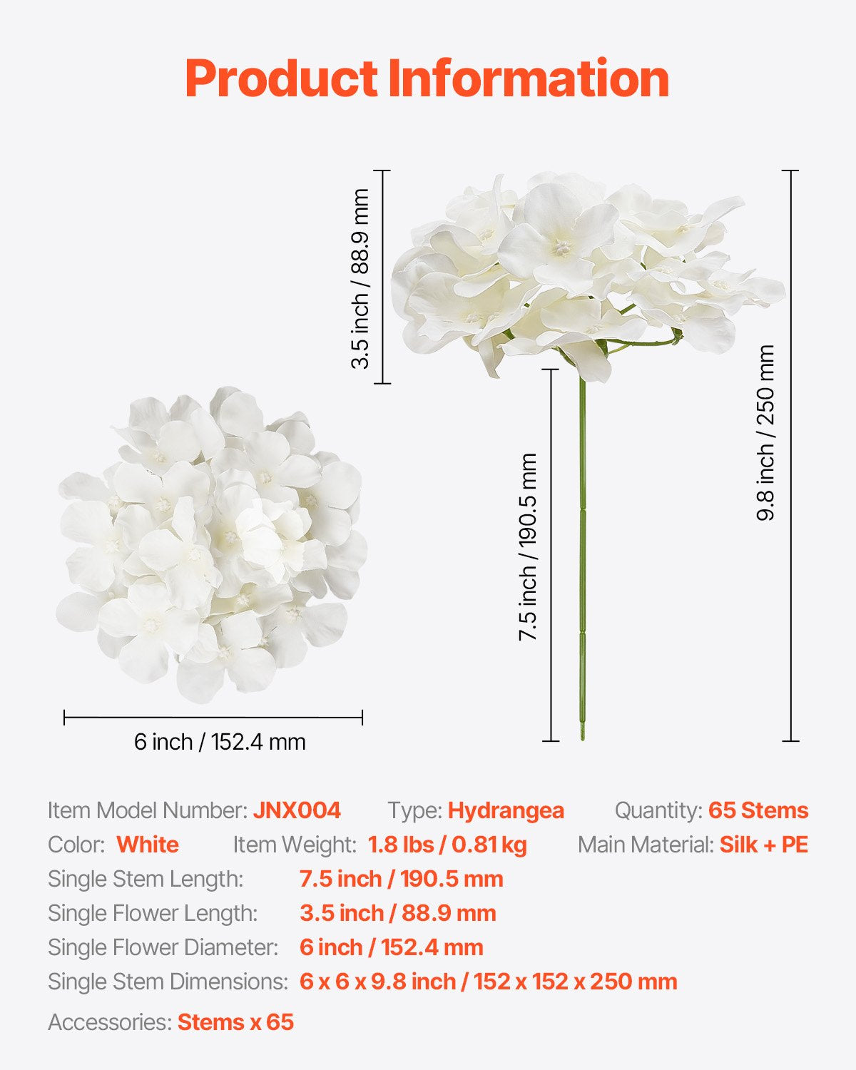 Artificial Flowers 65pcs White Silk Hydrangea Stems DIY Wedding Home Décor