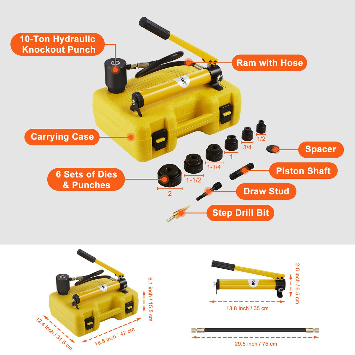 10 Ton Hydraulic Knockout Punch Kit 1/2" to 2" Conduit Hole Cutter Set