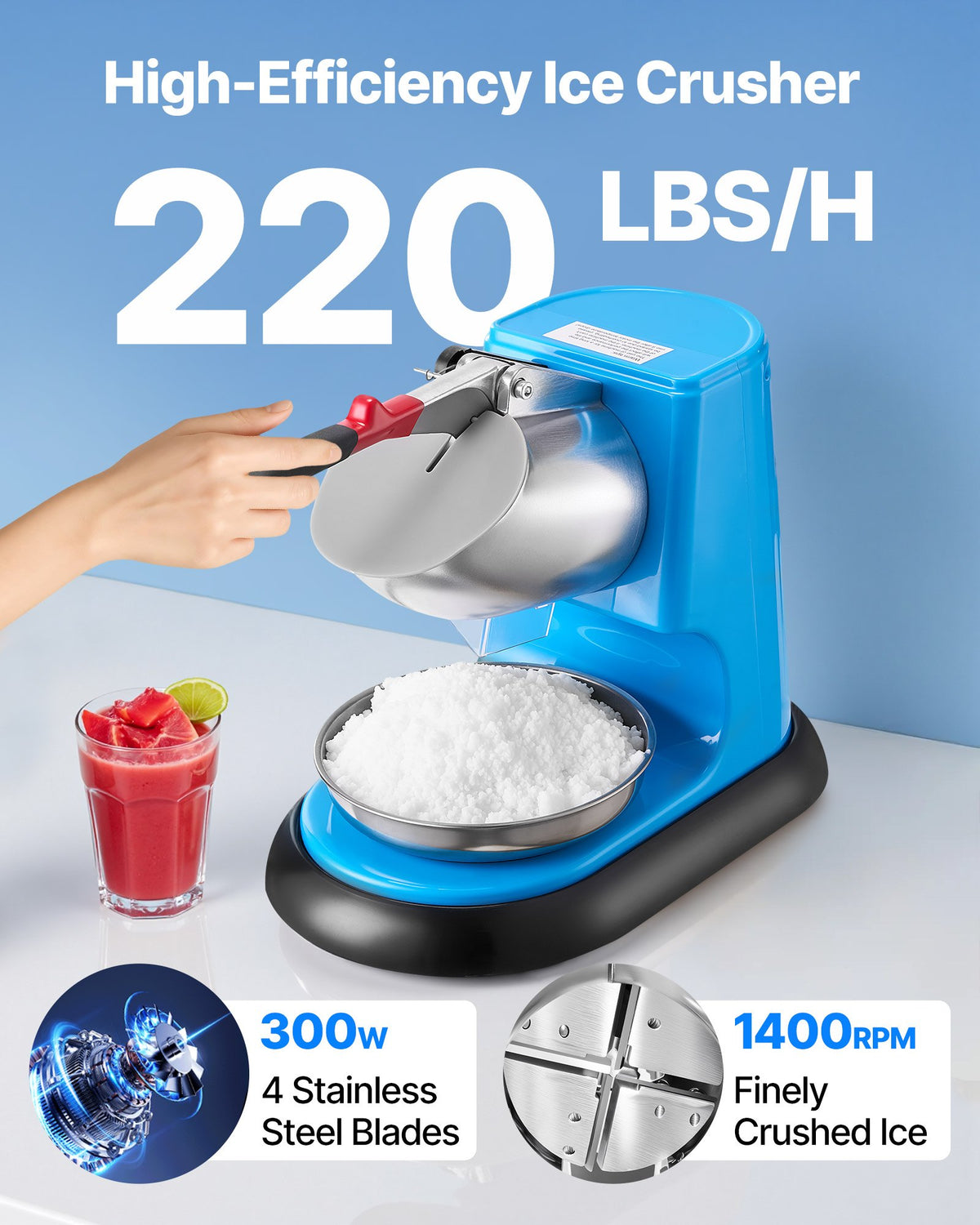 Ice Crusher Machine 100kg/hr Electric 4 Blades 300W Shaved Ice Machine Blue