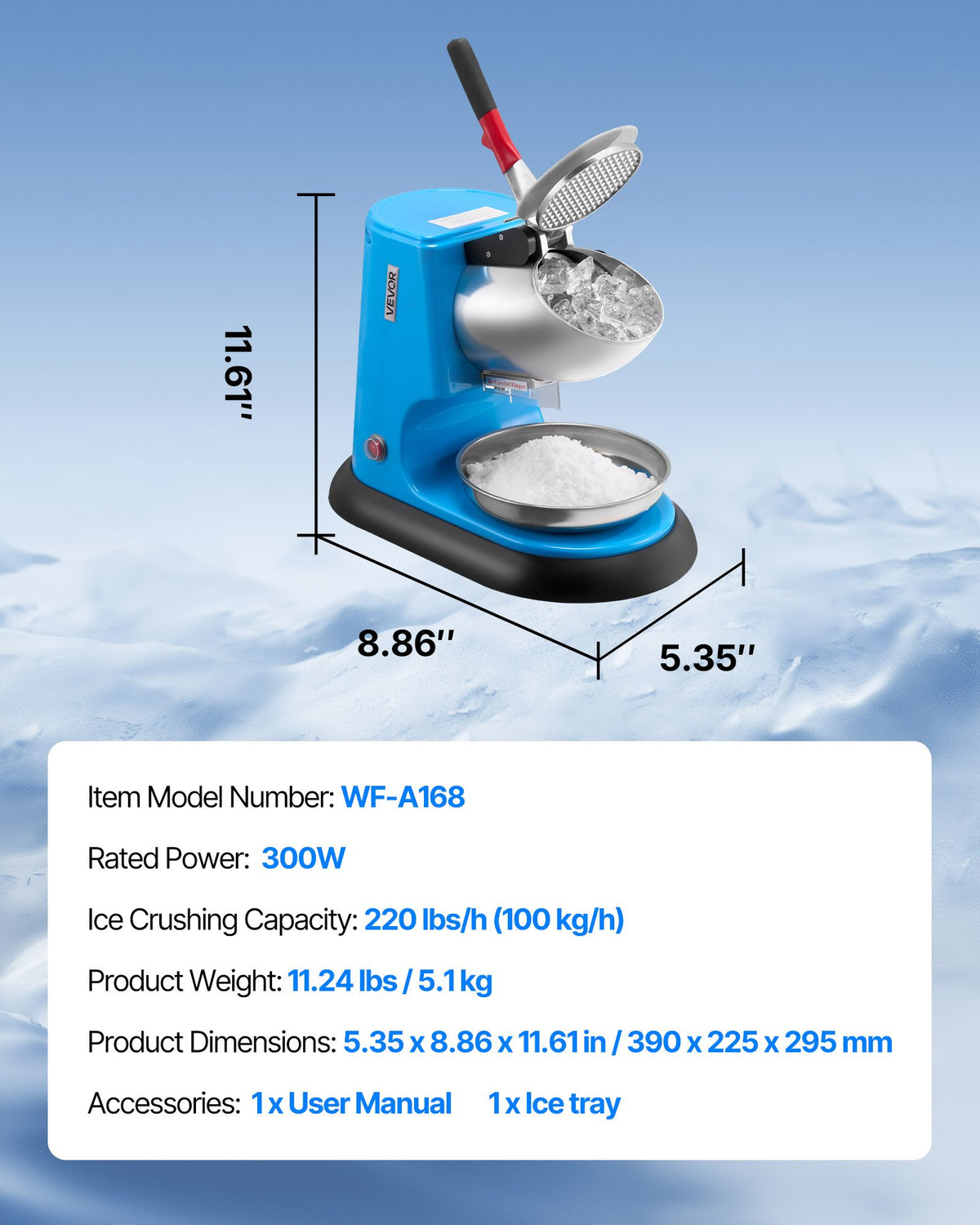 Ice Crusher Machine 100kg/hr Electric 4 Blades 300W Shaved Ice Machine Blue