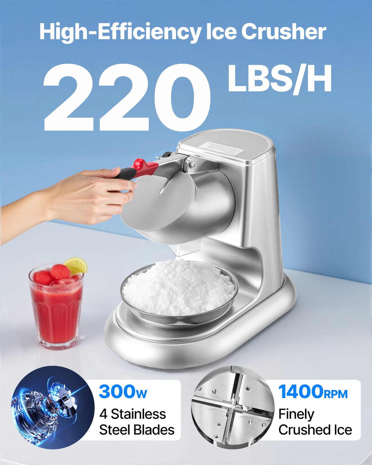 Electric Ice Crusher Machine 100kg/H Snow Cone Maker Silver