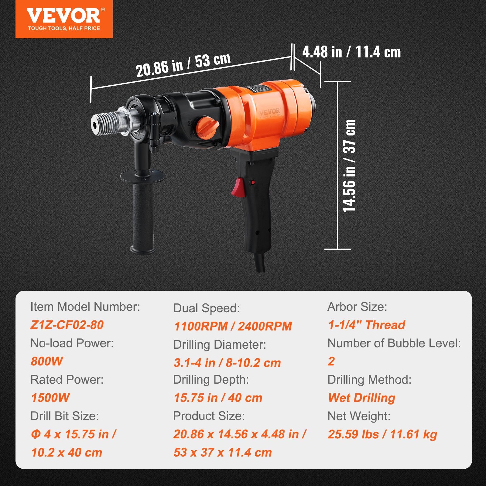 Handheld Diamond Core Drilling Machine, Wet Concrete Drill, Two Speed, 1500W