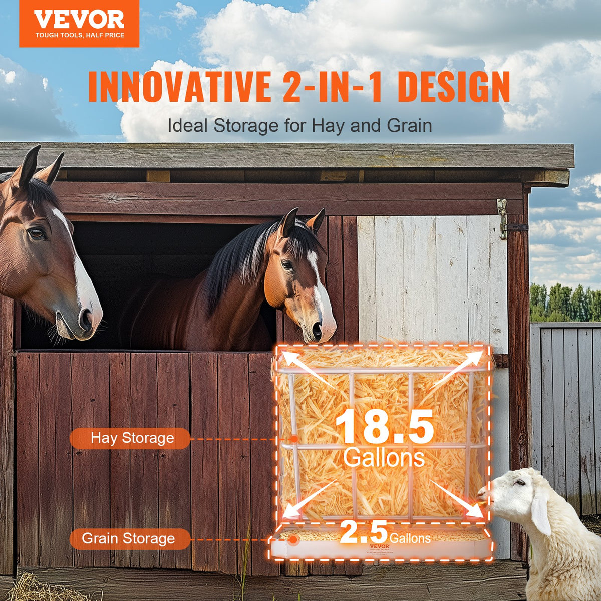 Goat Hay Feeder, 21 Gallons, 2 in 1 Hay and Grain Feeder, Wall Mounted