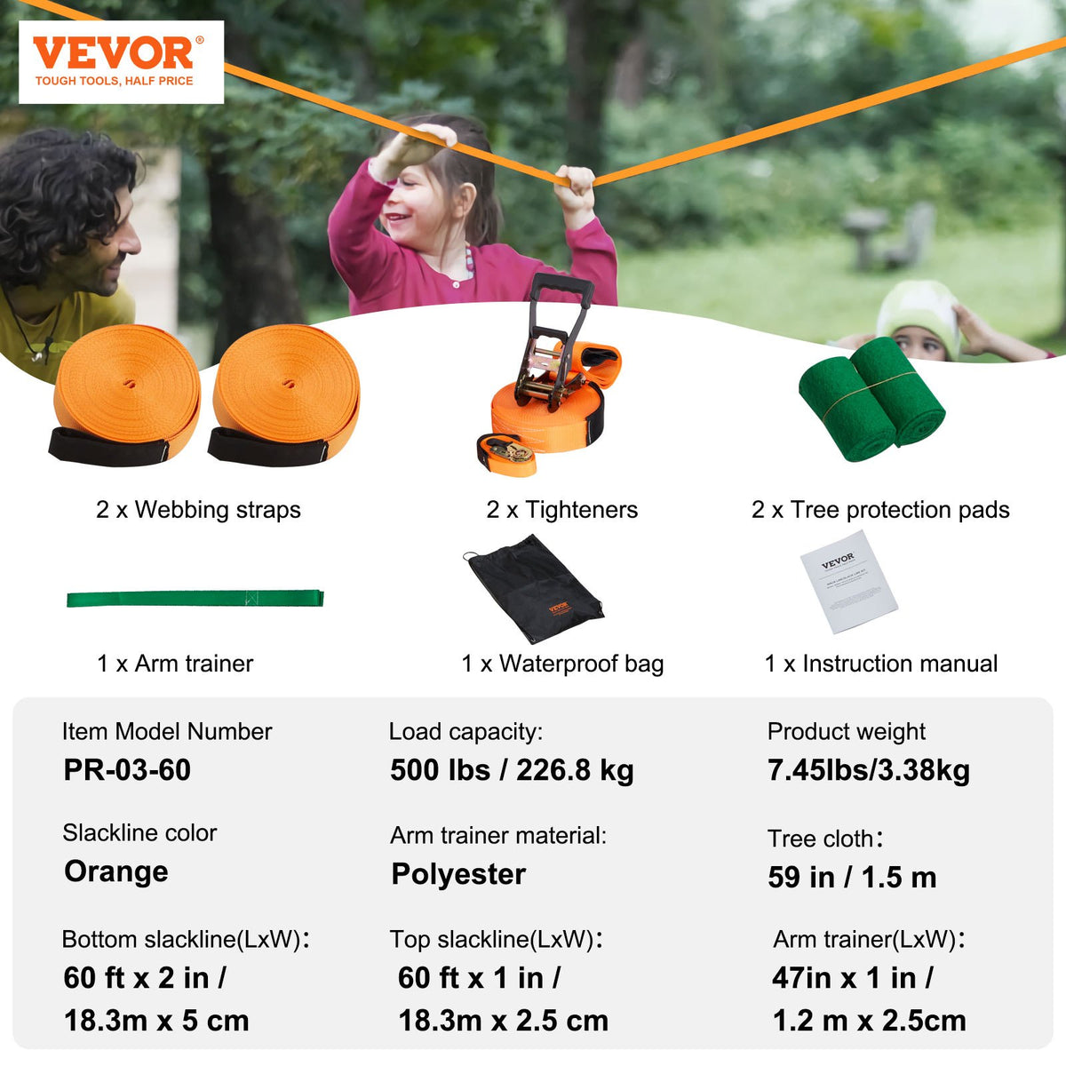 Slackline Kit with Training Line 18.3m Complete Backyard Slackline Set
