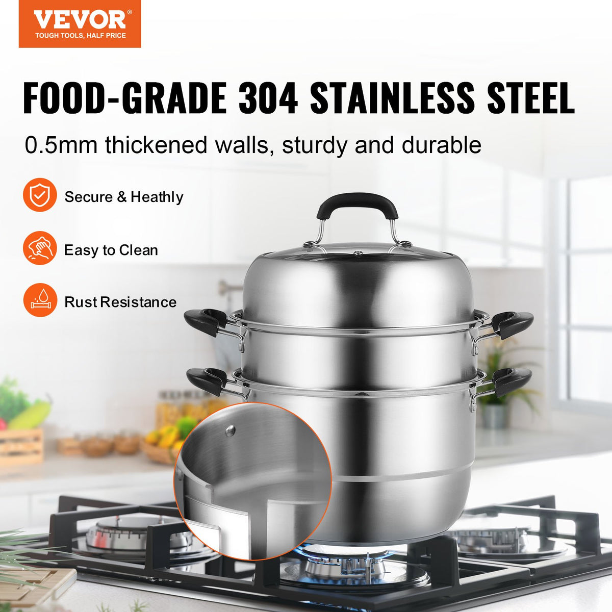 Steamer Pot 28cm, 8.5QT Stock Pot with 3-Layer Steamers & Lid, Stainless Steel
