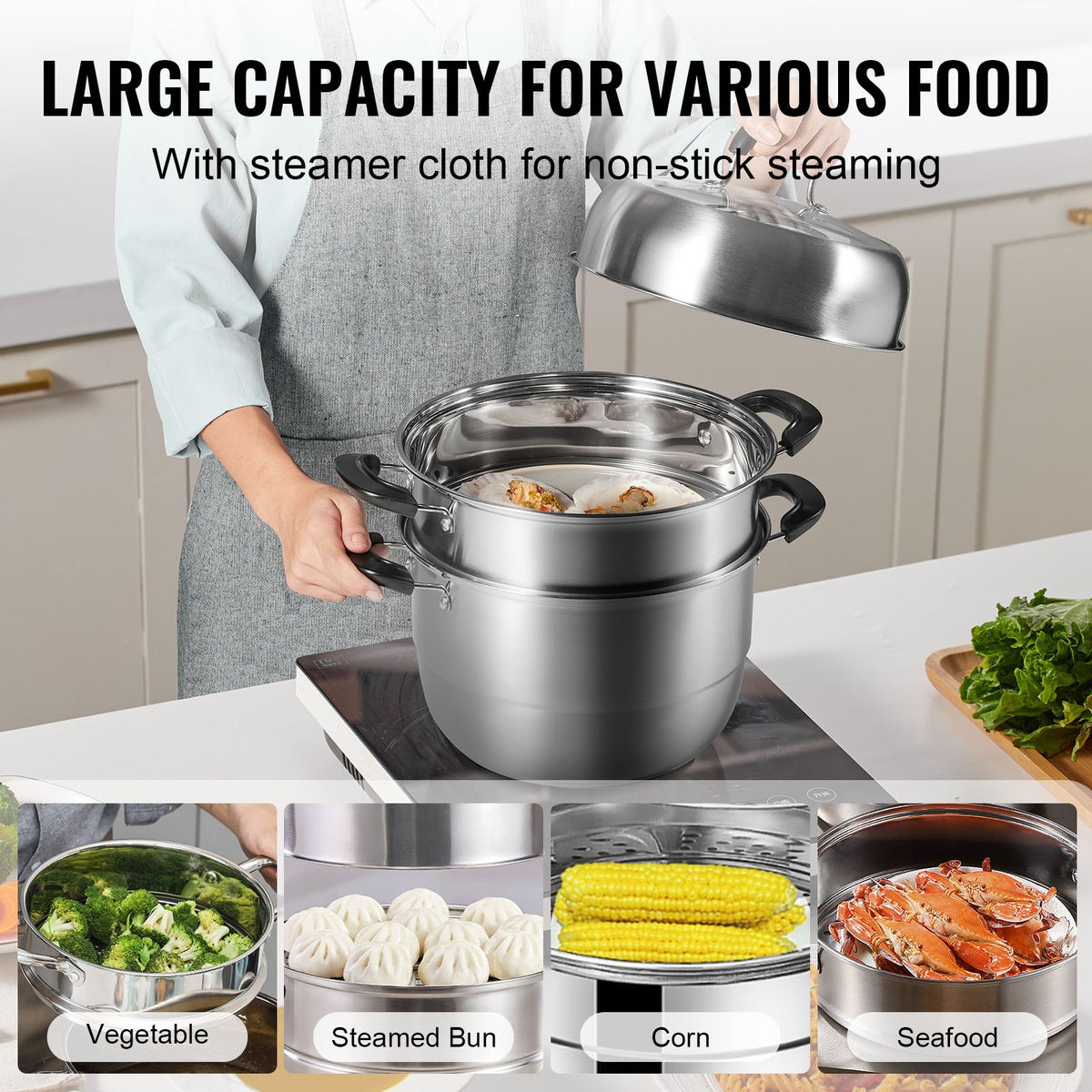 Steamer Pot 28cm, 8.5QT Stock Pot with 3-Layer Steamers & Lid, Stainless Steel