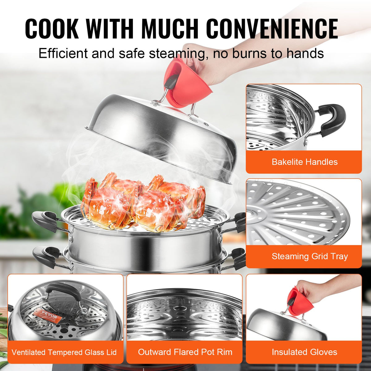 Steamer Pot 28cm, 8.5QT Stock Pot with 3-Layer Steamers & Lid, Stainless Steel