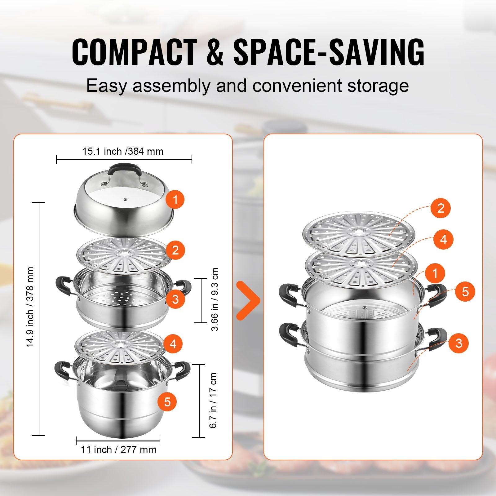 Steamer Pot 28cm, 8.5QT Stock Pot with 3-Layer Steamers & Lid, Stainless Steel
