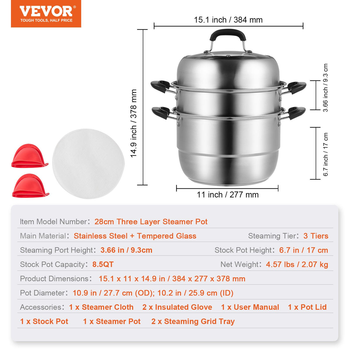 Steamer Pot 28cm, 8.5QT Stock Pot with 3-Layer Steamers & Lid, Stainless Steel