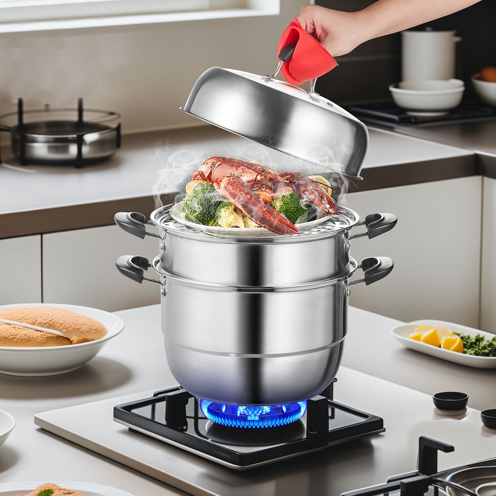 Steamer Pot 28cm, 8.5QT Stock Pot with 3-Layer Steamers & Lid, Stainless Steel
