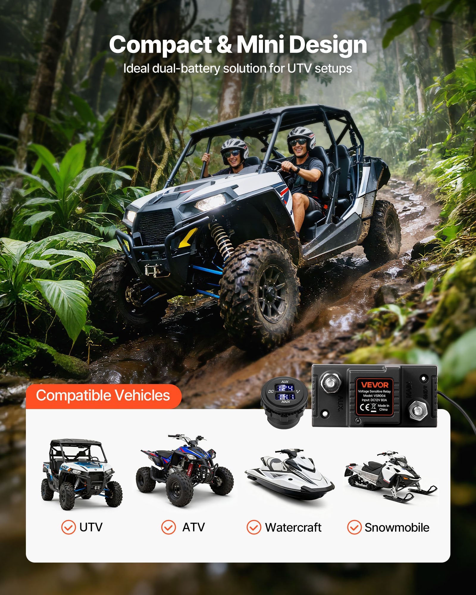 Dual Battery Isolator Kit 12V 80A with VSR, Voltmeter & LCD Screen for UTV/ATV