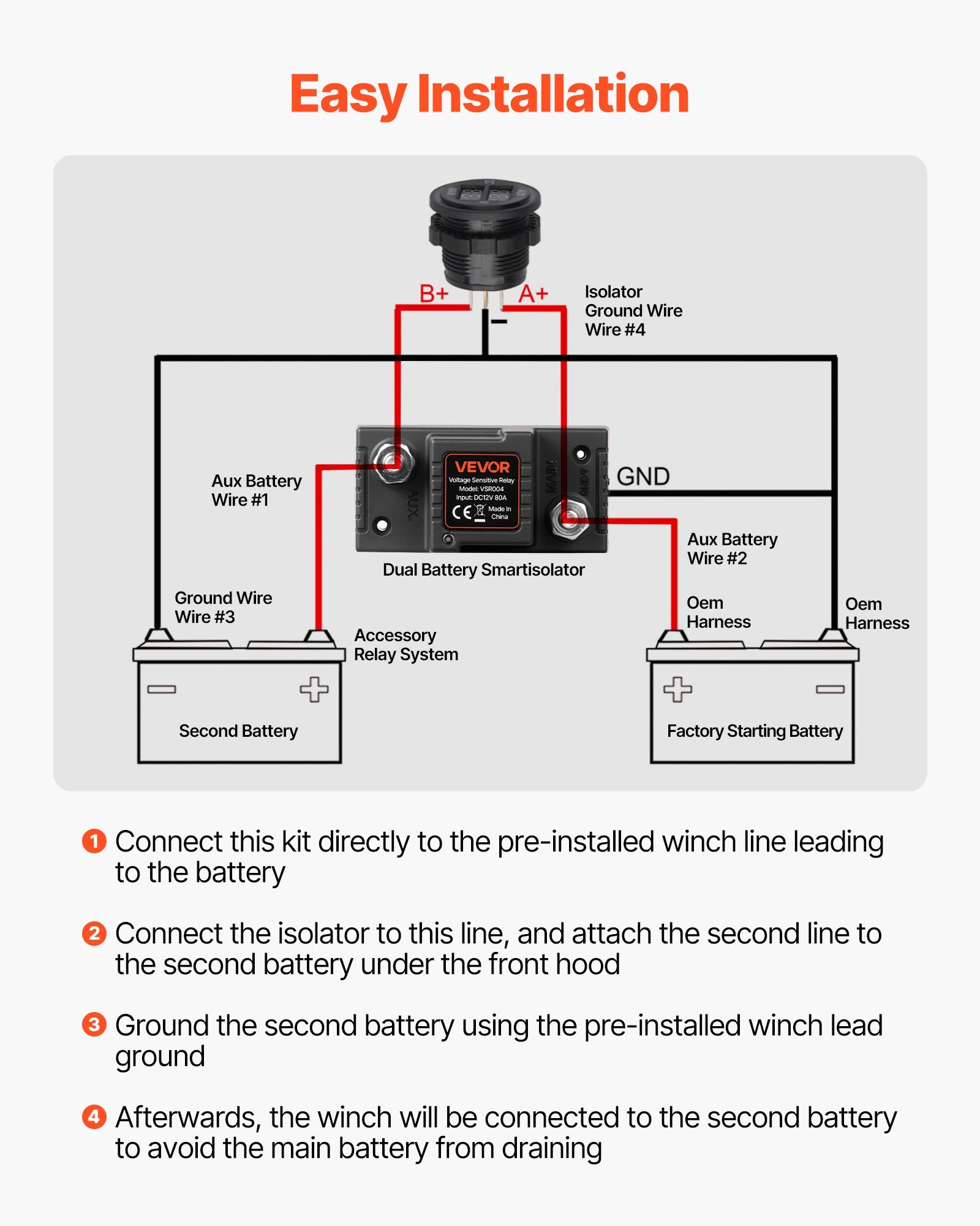 Dual Battery Isolator Kit 12V 80A with VSR, Voltmeter & LCD Screen for UTV/ATV