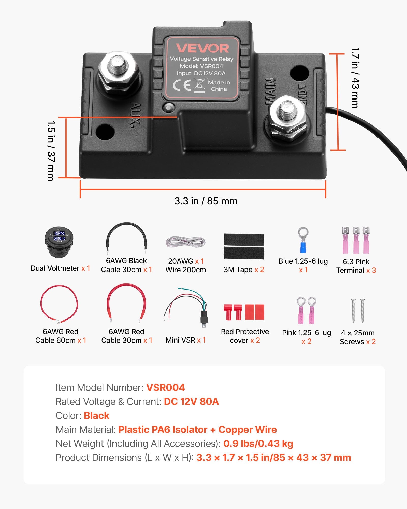Dual Battery Isolator Kit 12V 80A with VSR, Voltmeter & LCD Screen for UTV/ATV