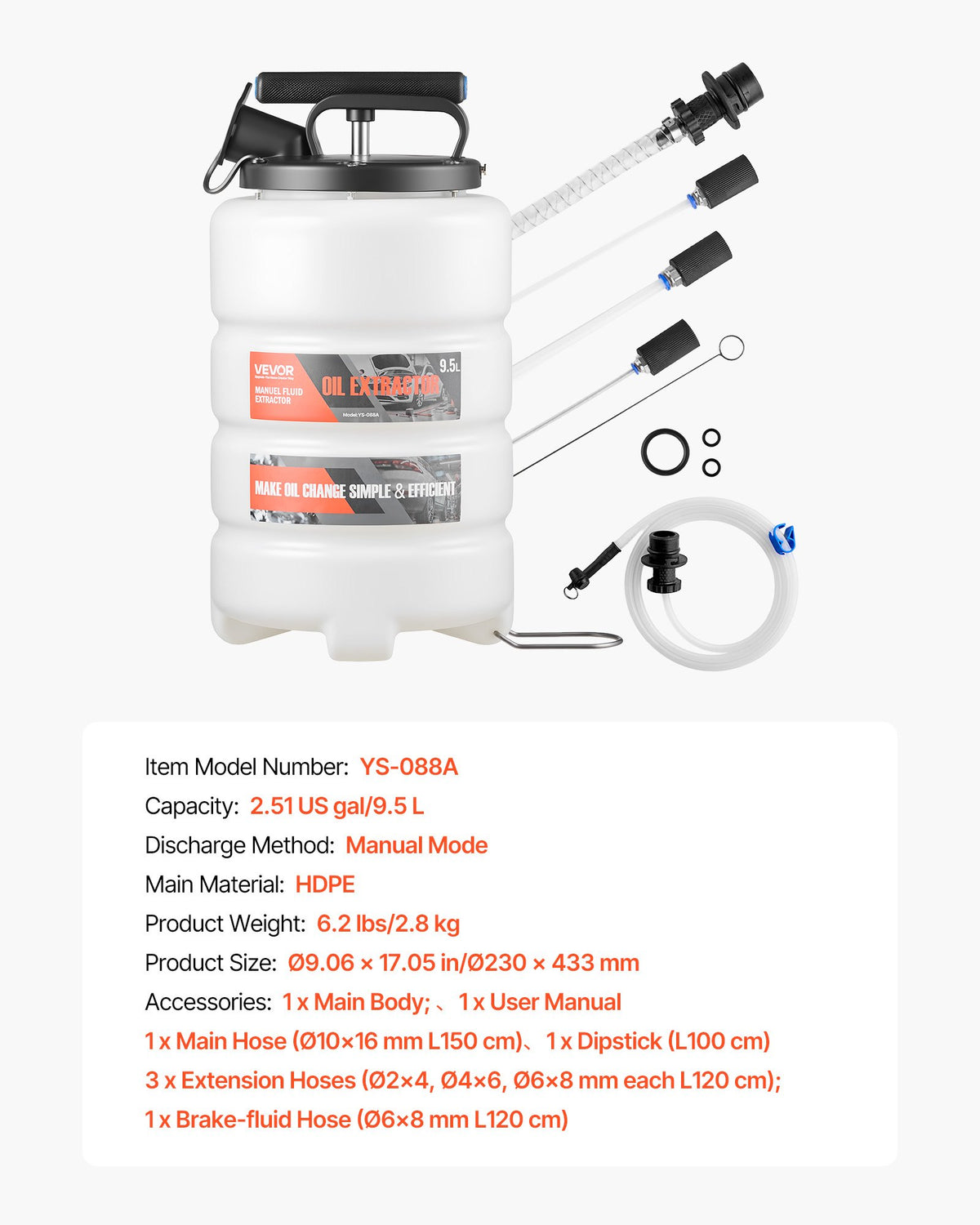 Fluid Extractor 9.5L Manual Vacuum with 150cm Hose and 3 Extension Tubes