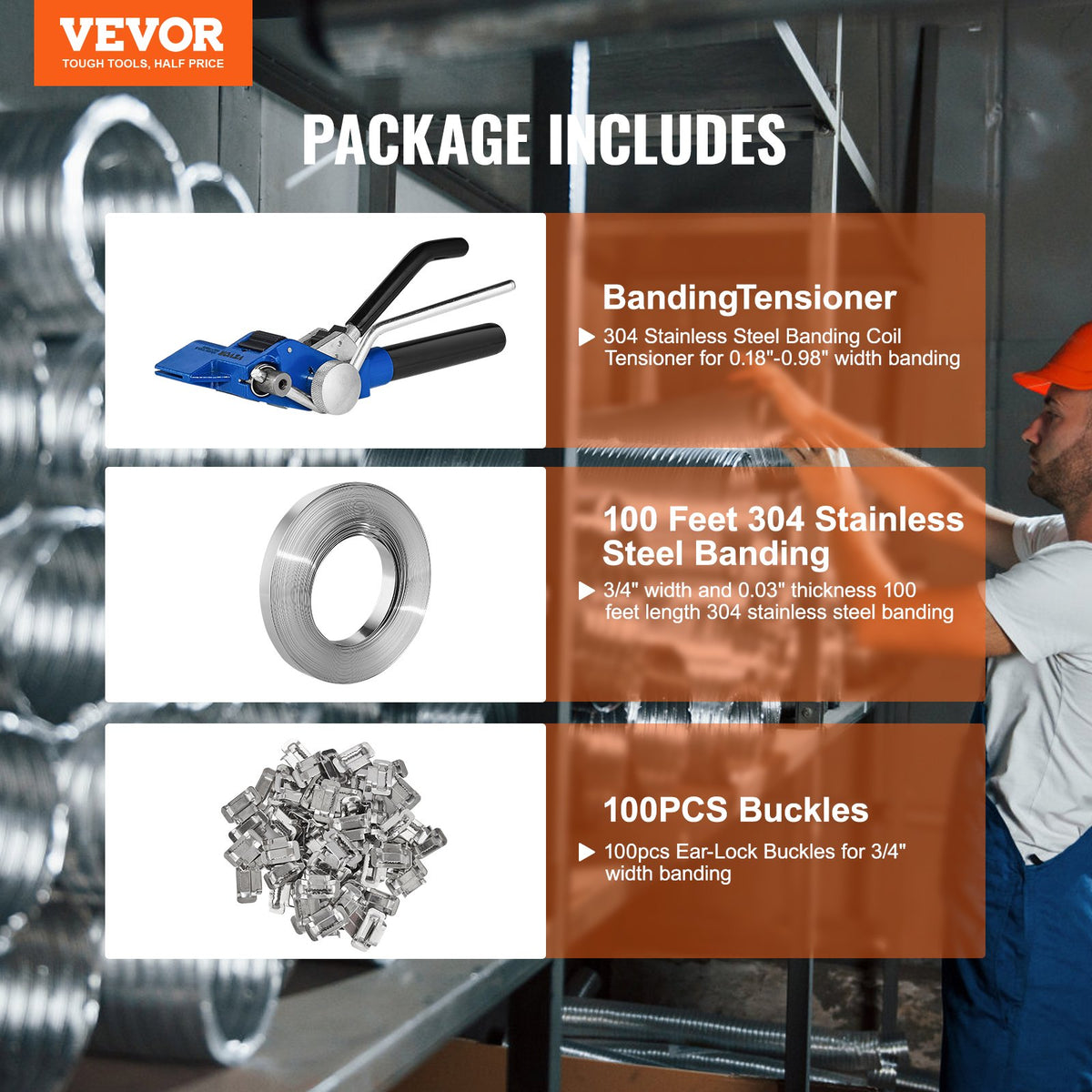 Strapping Kit Banding with Tensioner Tool 30m 304 Stainless Steel 100 Seals