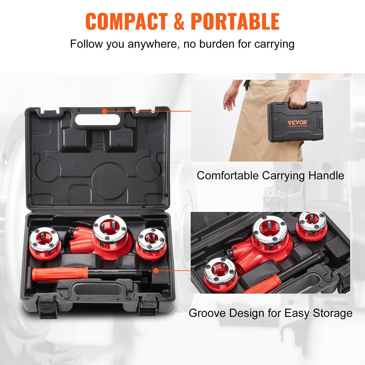 Manual Ratchet Pipe Threading Tool Set 9SICR Dies with Portable Case