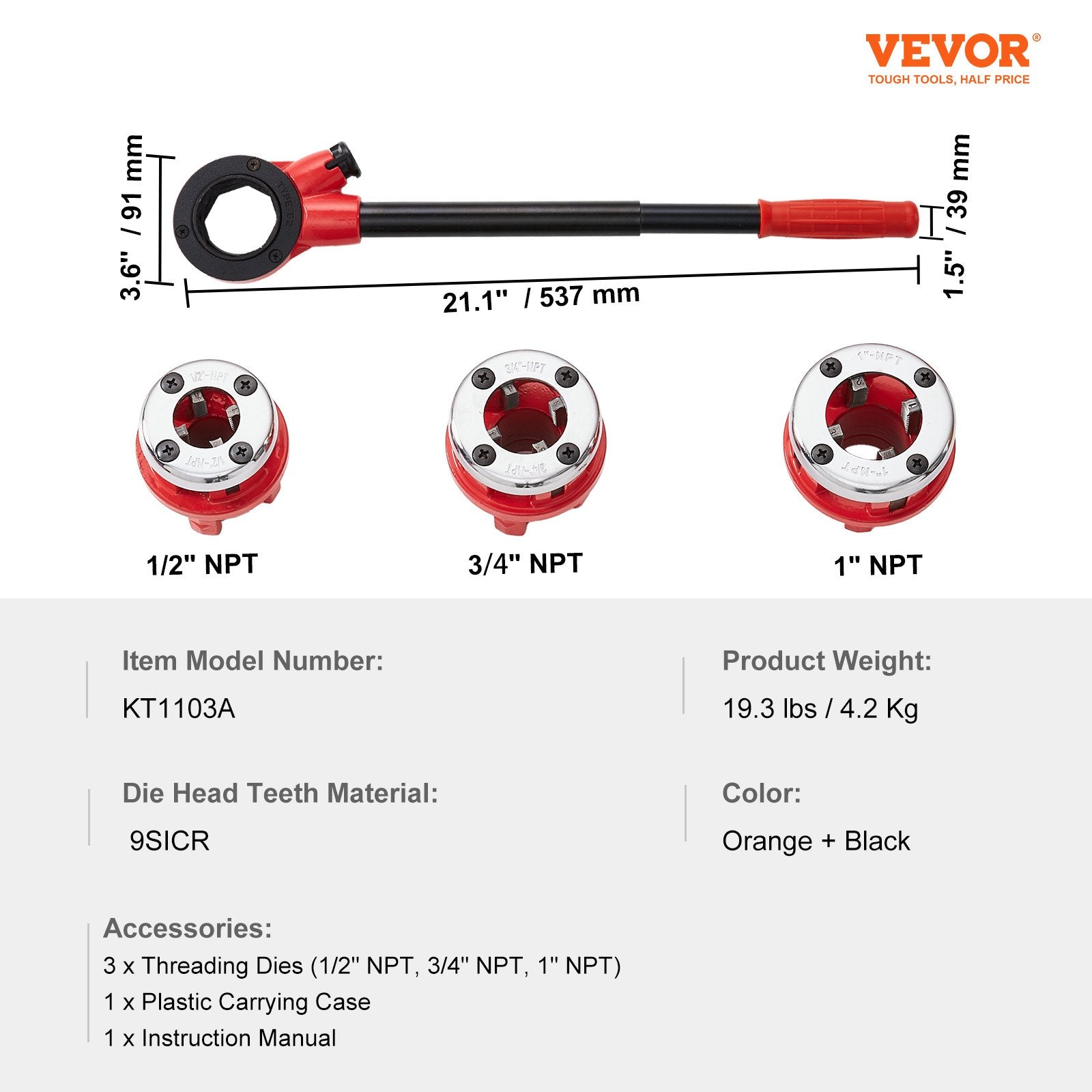Manual Ratchet Pipe Threading Tool Set 9SICR Dies with Portable Case