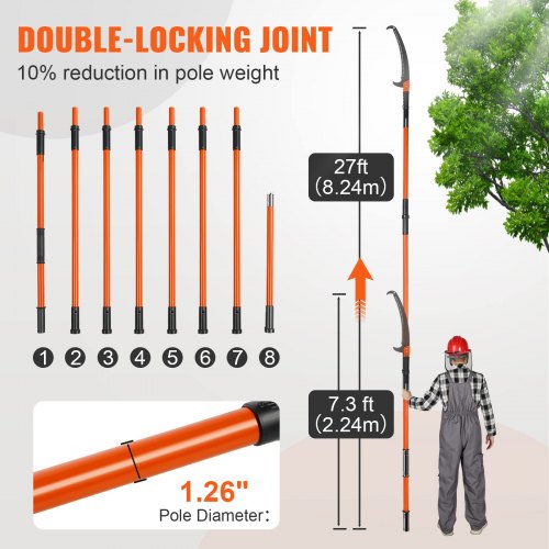 VEVOR Manual Pole Saw Extendable 2.24-8.24 m Lightweight Fiberglass Handles