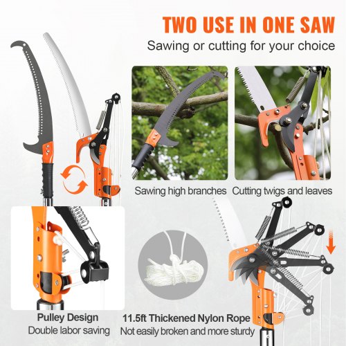 VEVOR Manual Pole Saw 8.24 m Extendable Tree Pruner for Shrubs and Palm Trimming