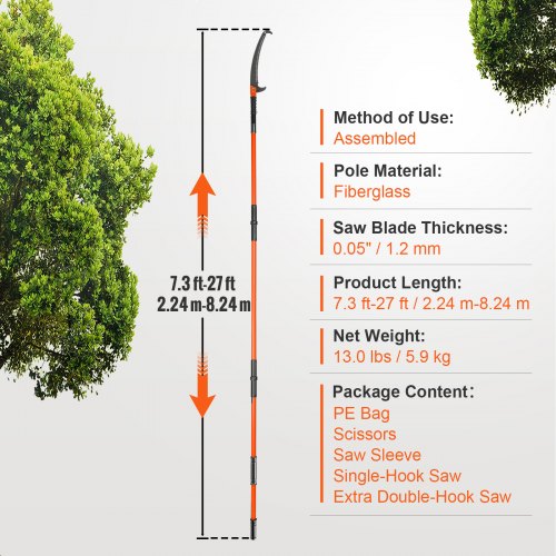 VEVOR Manual Pole Saw 8.24 m Extendable Tree Pruner for Shrubs and Palm Trimming