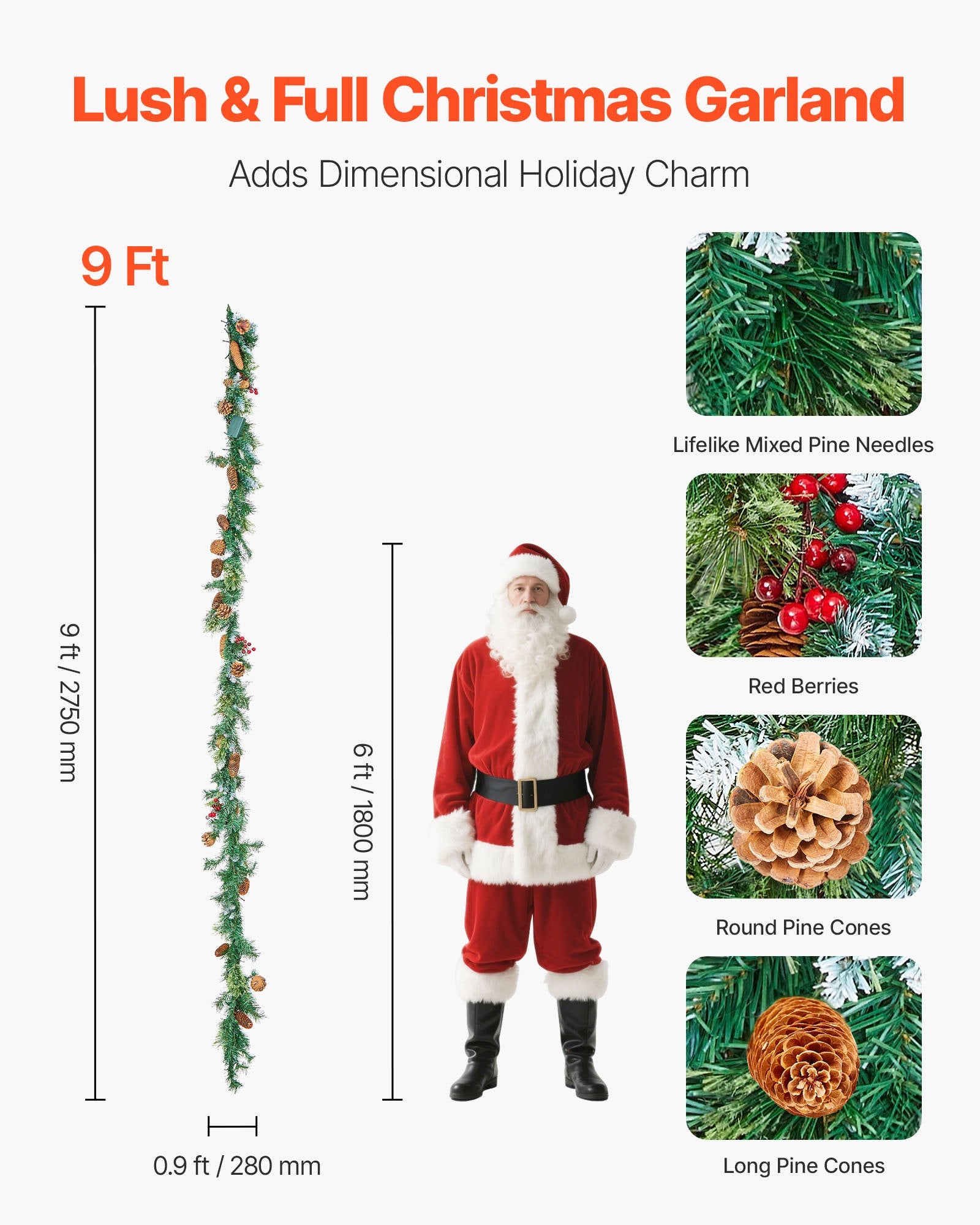 Christmas Garland Artificial Greenery Lights Berries Pine Cones 2750mm