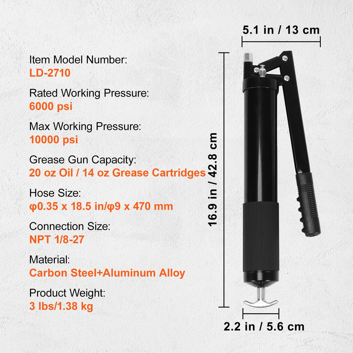 Grease Gun Kit 10000 PSI 20oz Lever Action with Hose Couplers Straight Pipe