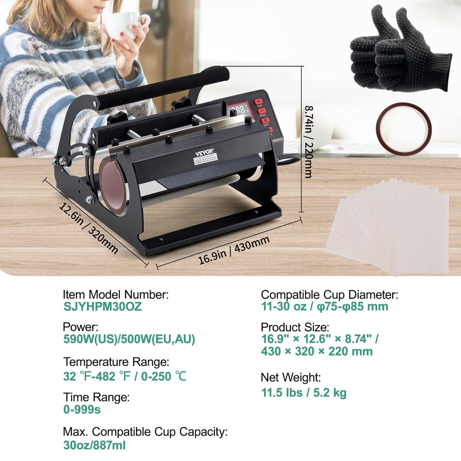 Tumbler Heat Press Machine 11-30oz Mug Press for Sublimation Cups, Black