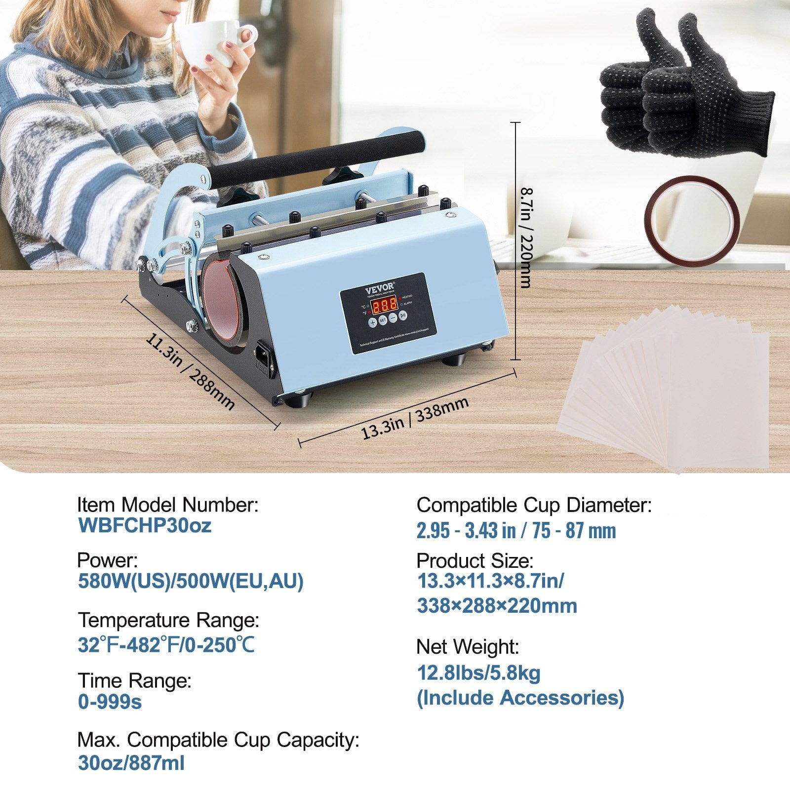 Tumbler Heat Press Machine 11-30oz Mug Press Blue Sublimation Cups