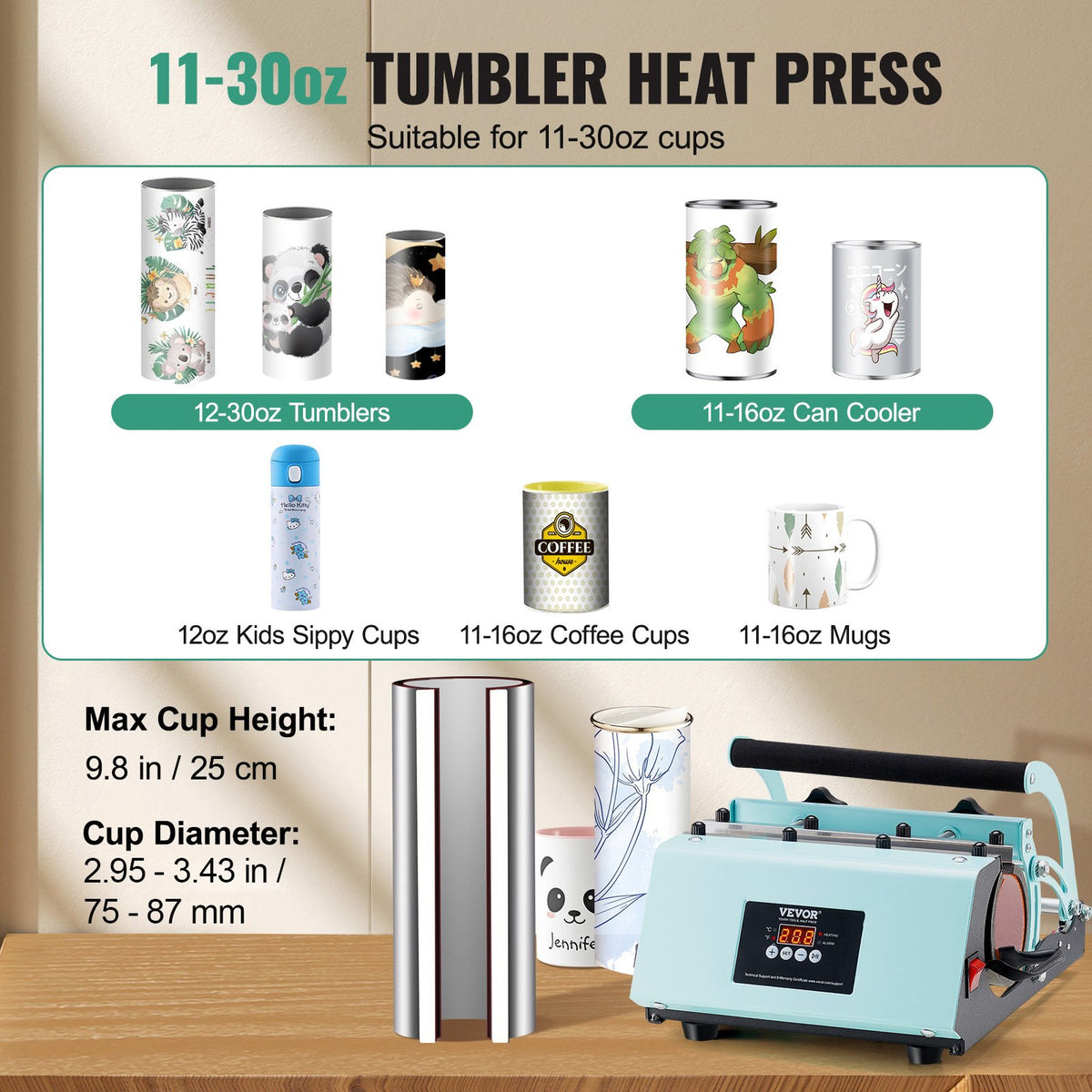Tumbler Heat Press Machine 11-30oz Mug Press Temp Time Setting Sublimation