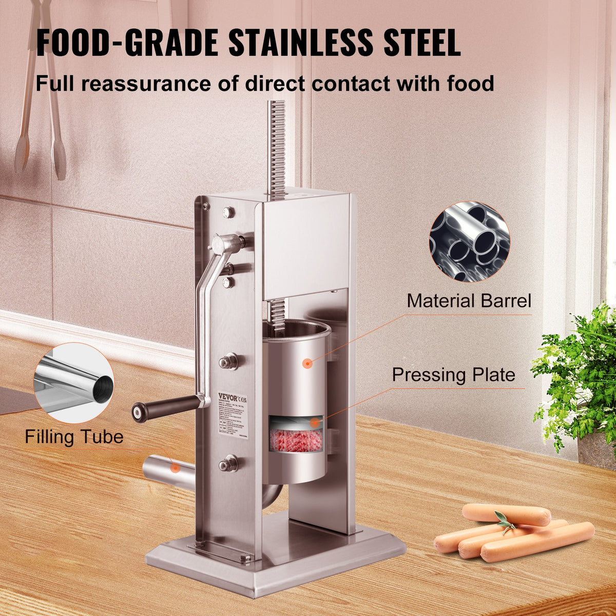 Manual Sausage Stuffer 5lbs/3L Two-Speed Stainless Steel with 4 Tubes