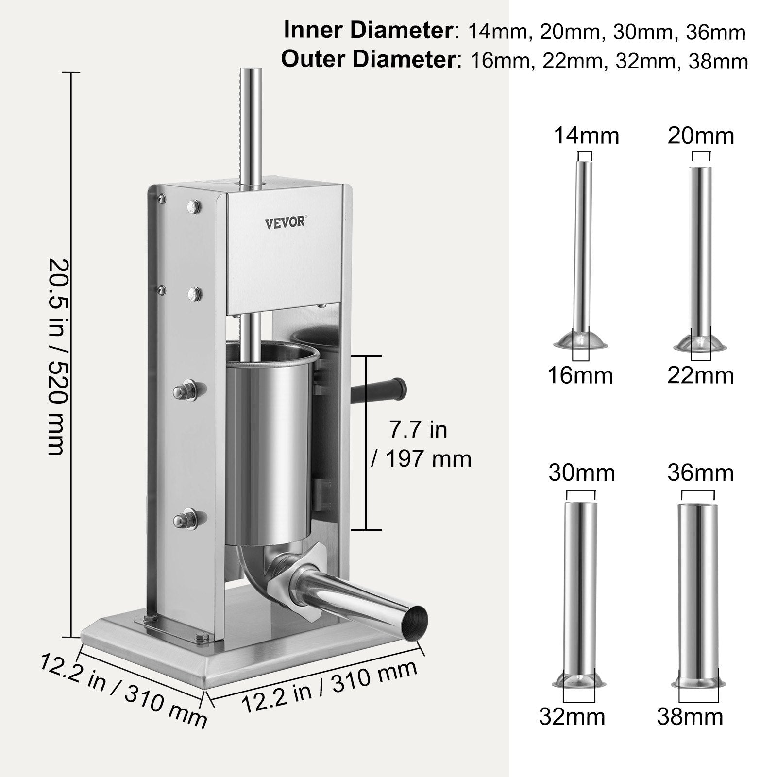 Manual Sausage Stuffer 5lbs/3L Two-Speed Stainless Steel with 4 Tubes