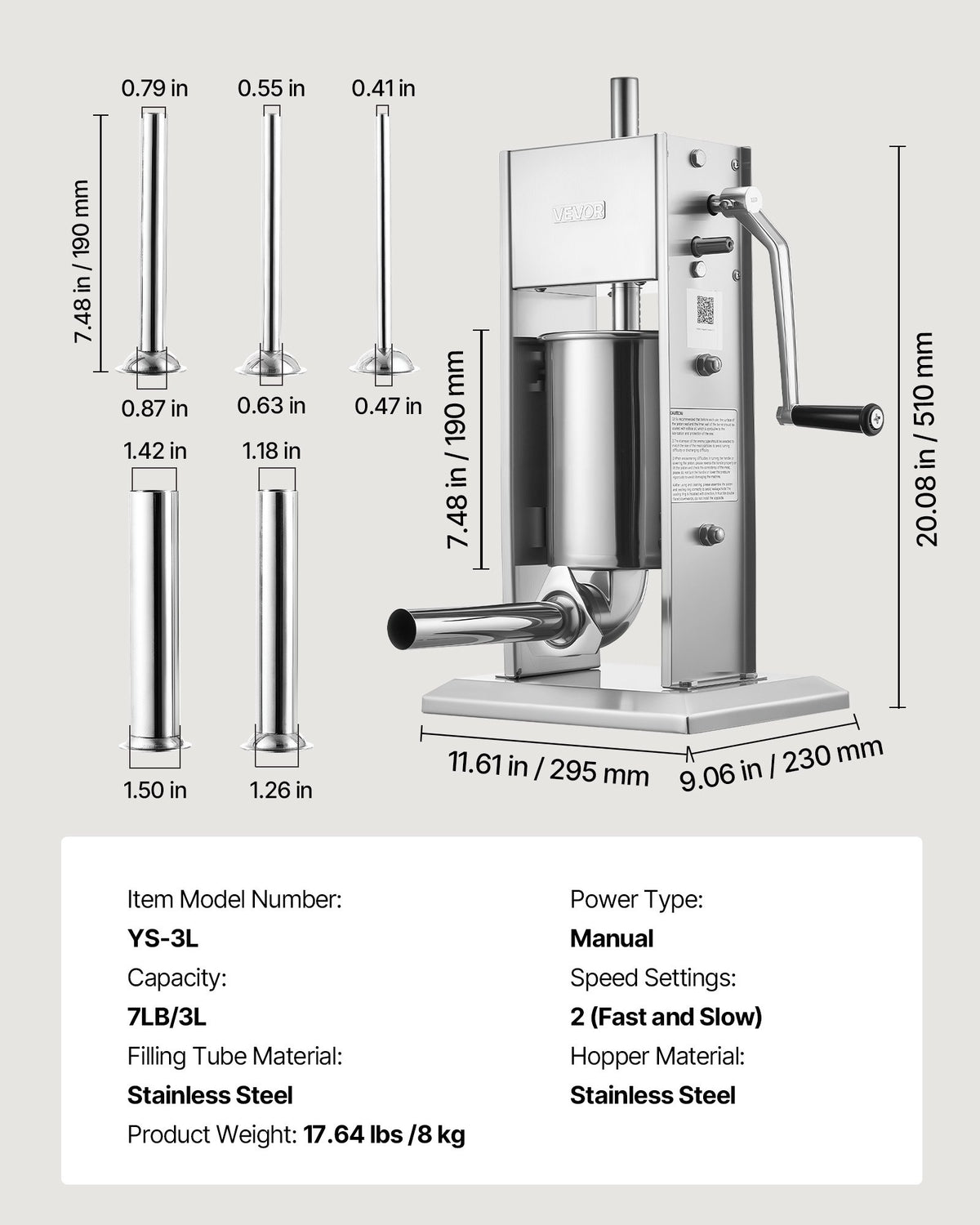 Heavy Duty Manual Vertical Sausage Stuffer Dual Speed Meat Filler Machine