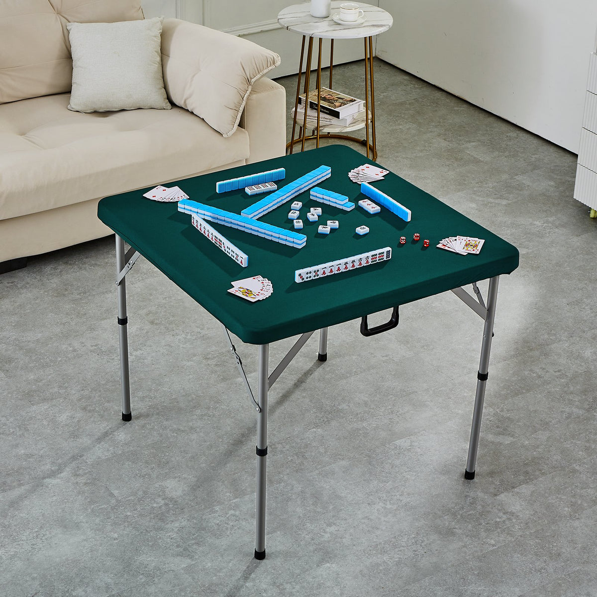 Portable 86cm Fold-In-Half 4 Player Mahjong Card Table Set with Tiles Dice White